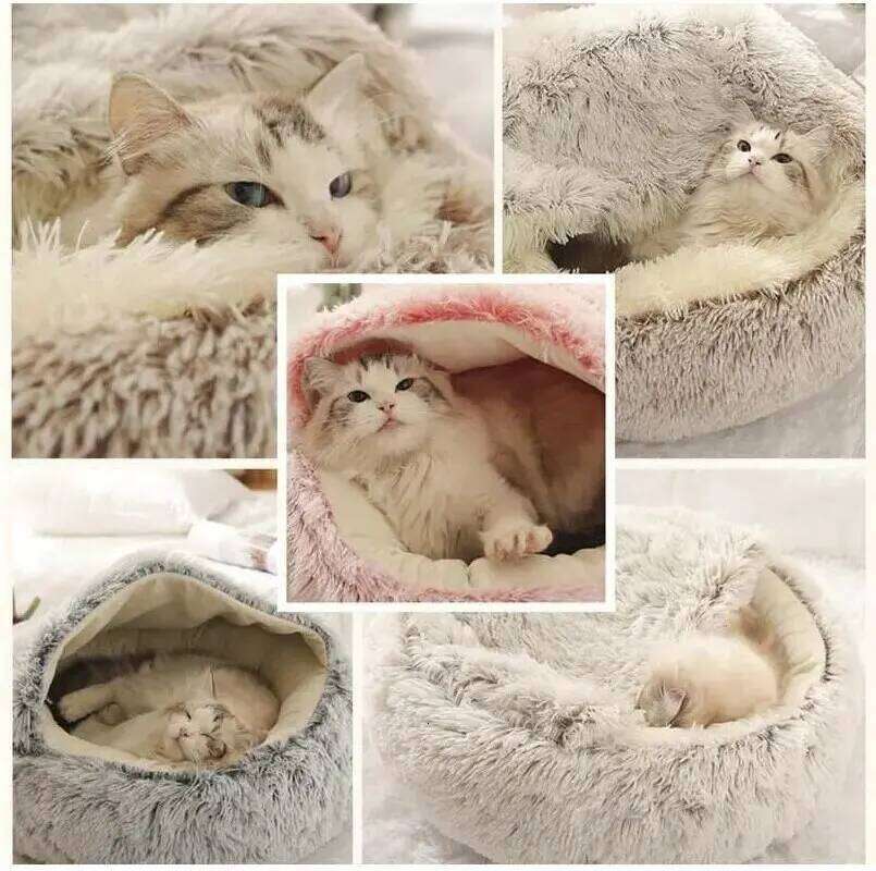 designer brand Plush Hooded Round Fluffy Soft Bed Pet Cushion Warm Cat Dog in Sleeping Nest Cave for Small Dogs