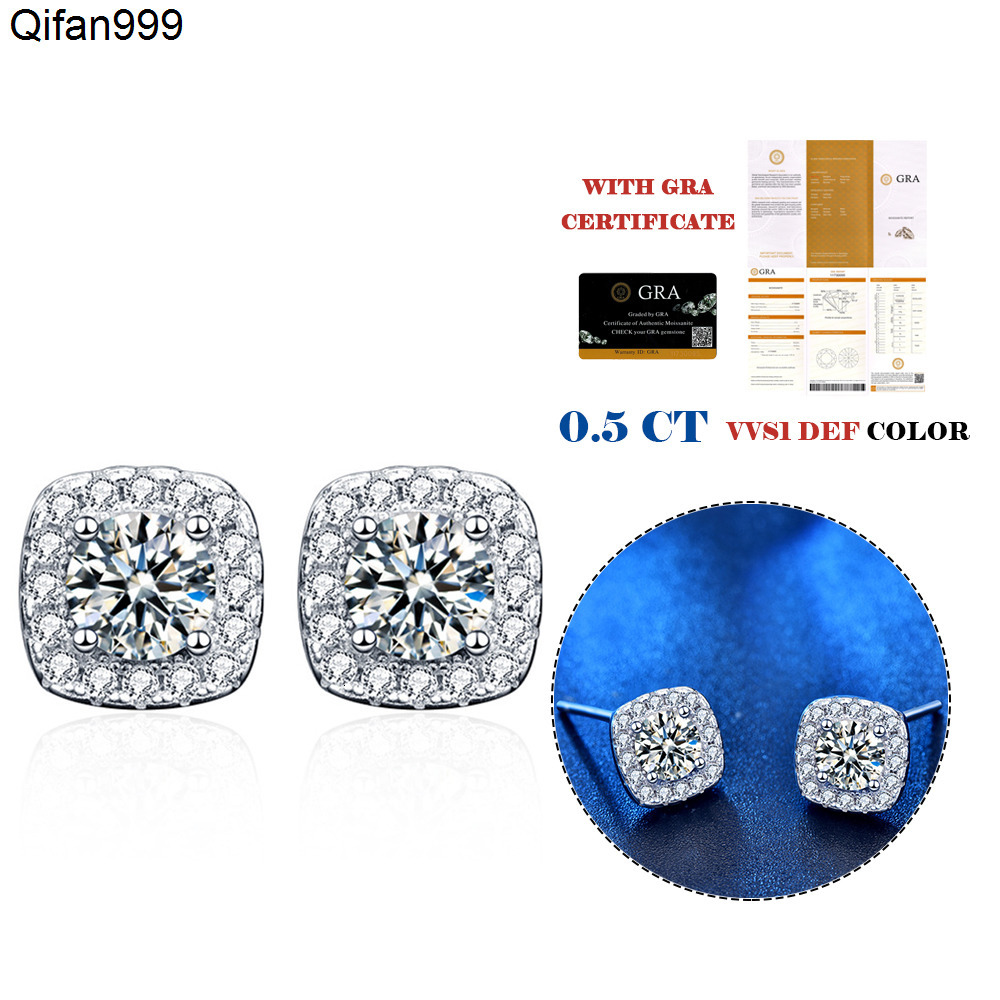 Classic Square Moissanite Wedding Jewelry Diamond 925 Sterling Silver Stud Earrings Women Men