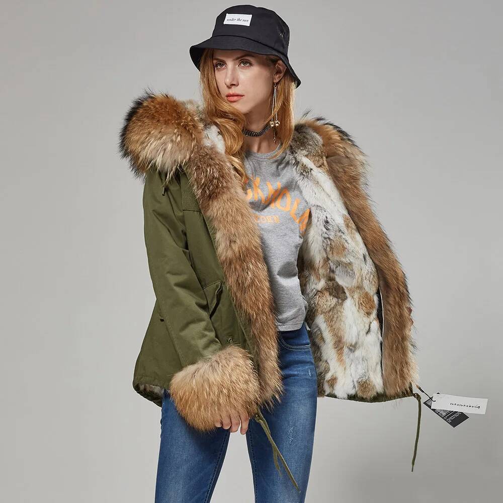 2024 Maomaokong New Women Winter Coat Rabbit Lining Jacket Natural Real Raccoon Collar Parka Fox Fur Short Female Clothing