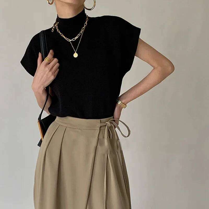 Solid Stand-Up Collar Knitted Blouse Vest Short Sleeve Office Lady Casual Shirt Fashion Loose Elegant Straight Summer Tops 20397