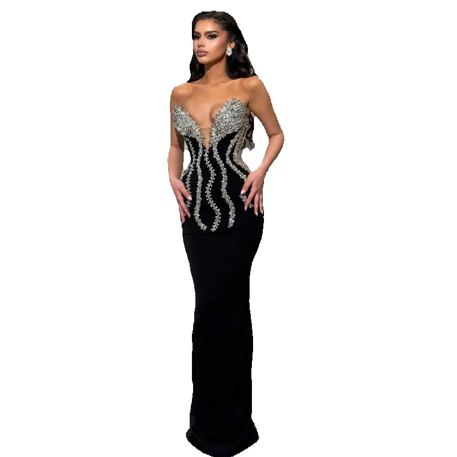 Sexy Evening Dress V-Neck Mermaid Prom Gowns Shine Crystal Applique Satin Prom Dress Sequined Robes De Mariee Size Customized vestido de novia L252095