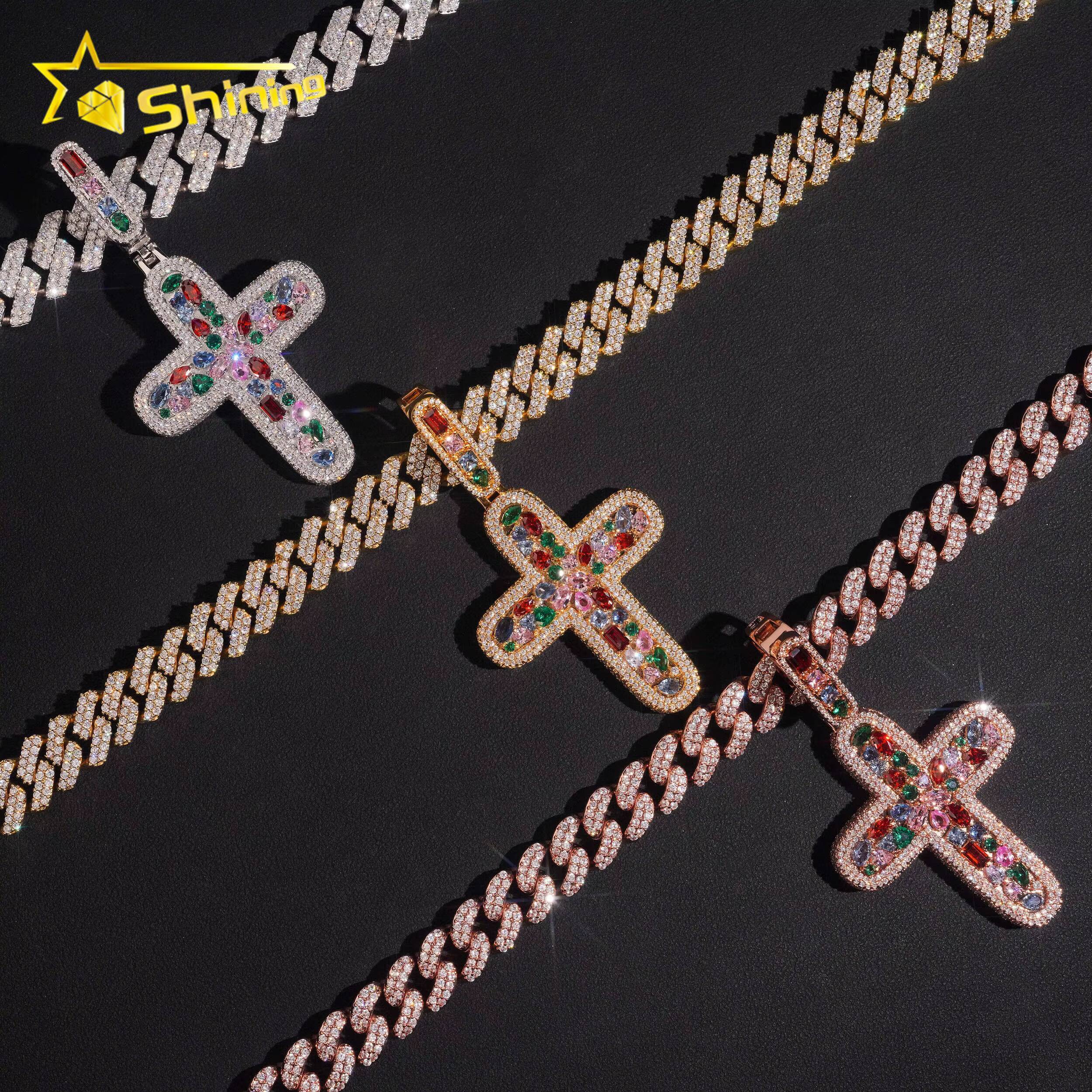 Fashion Body Jewelry Colorful CZ Iced Out Cross Pendant High Quality Men Women Brass Hip Hop Pendant Necklace Daily Wear