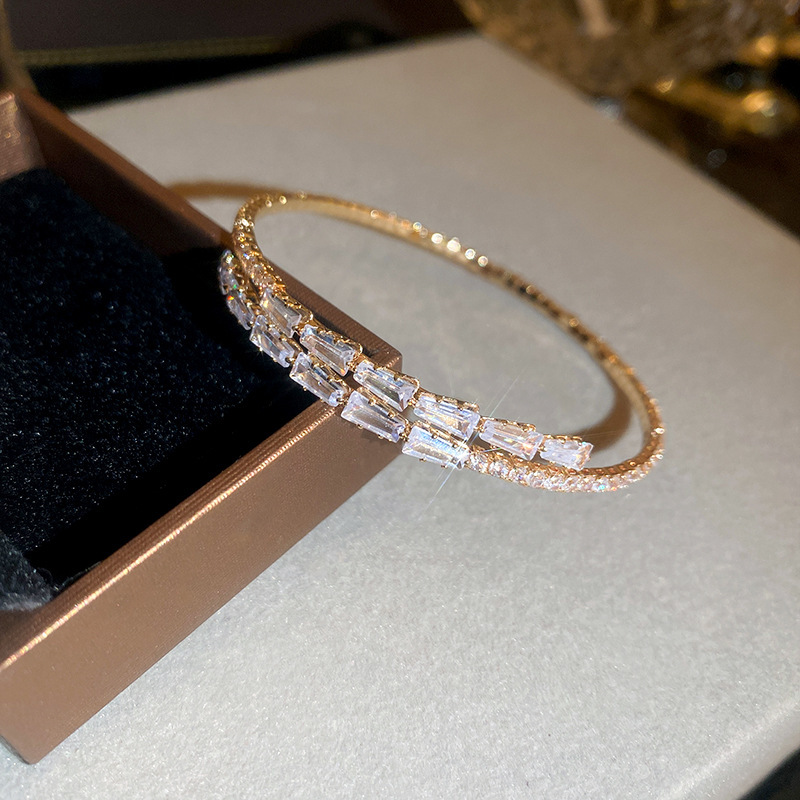 Gold - Toned Bangle With Baguette - Cut Clear Crystals, Double - Layered Sparkly Pave Design Delicate Daily & Glamorous Jewelry Gift For Her High - Qu