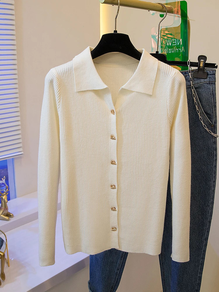 2026 Korean Style Fashion Autumn Winter Turn Down Collar Cardigan Knitted Sweater Casual Loose Long Sleeved Base Women 250911