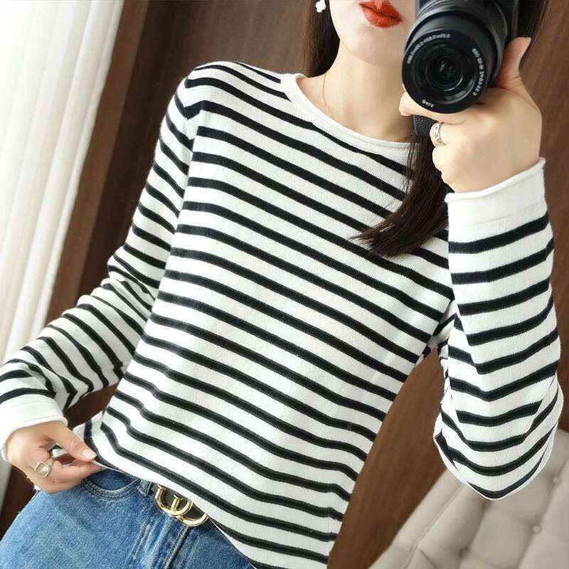 Women 100% Cotton Curled O-Neck Strip Pullover Autumn Winter Casual Knit Clothing Fashion Soft Bottoming Sweater Tops
