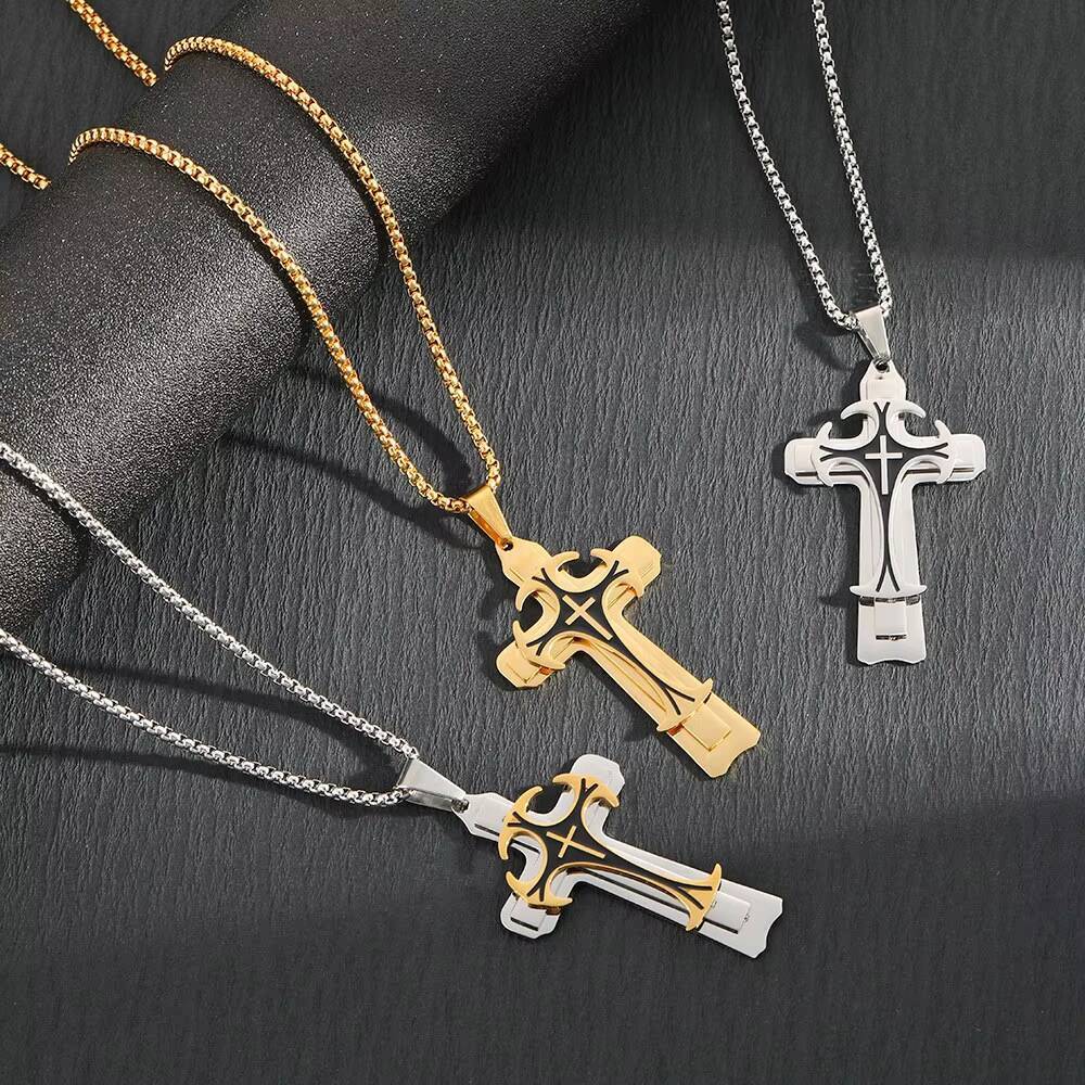 Mens Trendy ThreeLayer Cross Pendant Necklace Domineering Pattern Long Link Chain Stainless Steel Titanium Steel Material