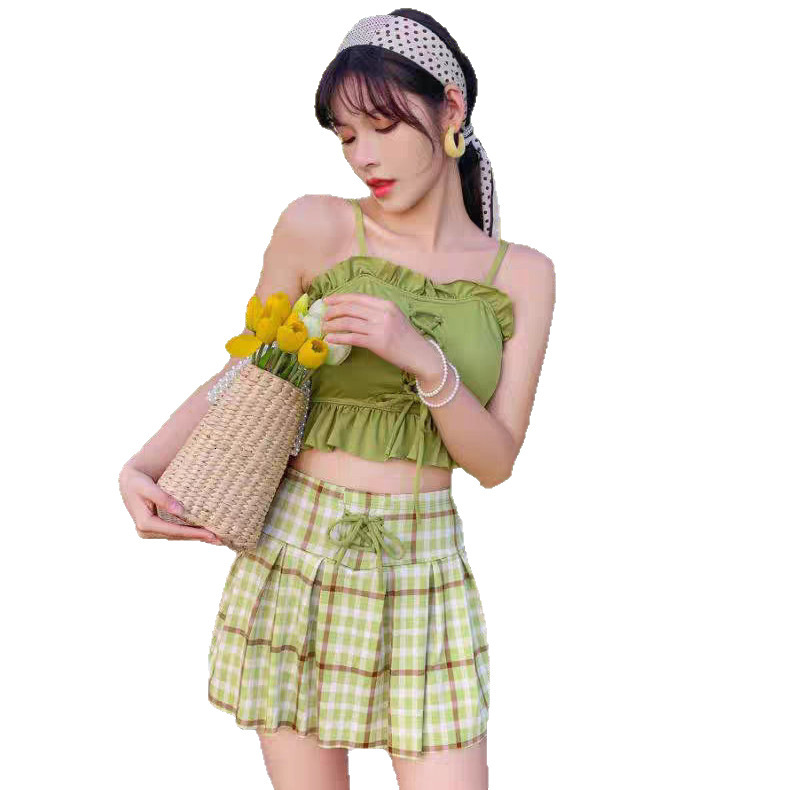 Korean Cute Fresh Plaid Skirt Style Two-Piece Bikini Small Chest Slimming Student Conservative Swimsuit