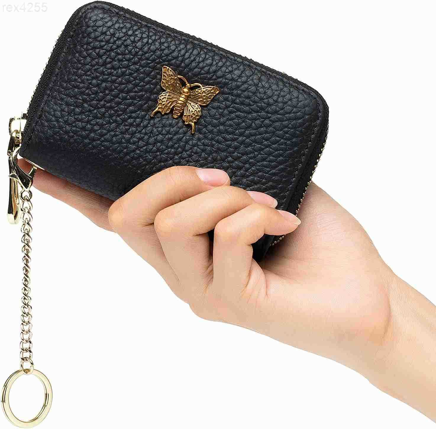 RFID Credit Card Holder for Women Genuine Leather Card Case Wallet with Zipper and Removable Keychain BlackW250911