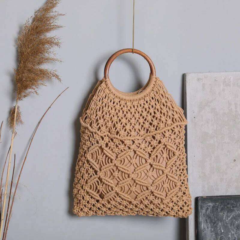 Vintage Circle Ring Top-Handle Mesh Handbag Cotton Thread Hand Woven Folding Tote Bags With Inner Bag