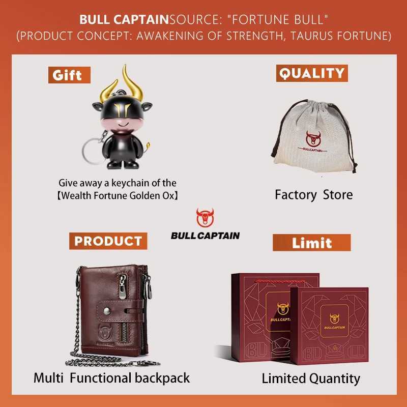 Bullcaptain Genuine Leather Mens Wallet Fashion Quality Travel Purse Rfid Protect Credit Card Holder Wollst for Men with Chain W250911
