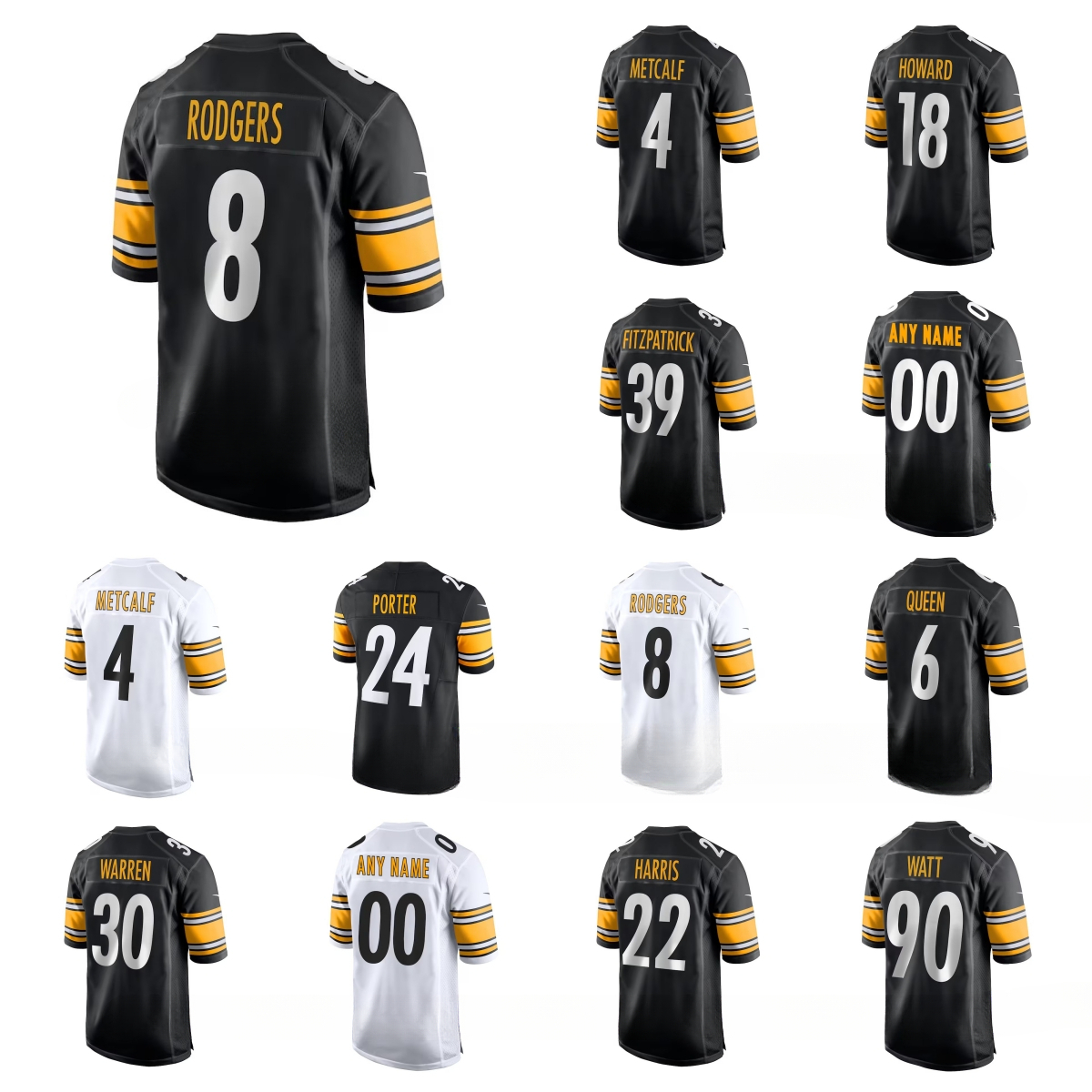 Steeler Aaron Rodgers DK Metcalf Will Howard Kaleb Johnson T.J. Watt Pat Freiermuth Troy Polamalu Nee Harris Jaylen Warren Patrick Queen Custom Football Jersey