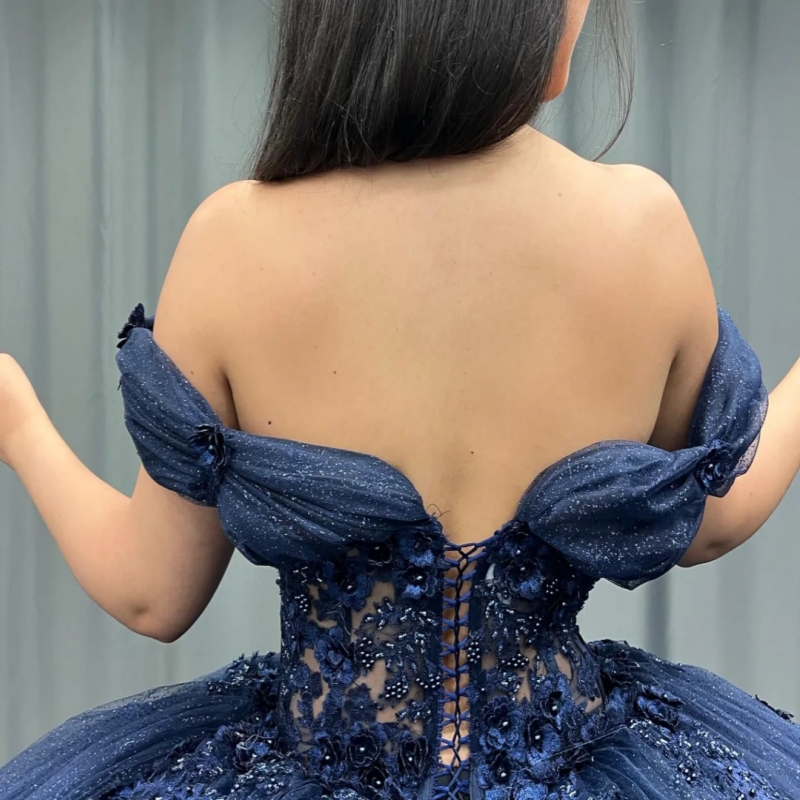 Navy Blue Shiny Ball Gown Quinceanera Dresses Off The Shoulder Applique Flower Beads Tiered Tull Party Birthday Sweet 16 Dress Vestidos 15 De Anos
