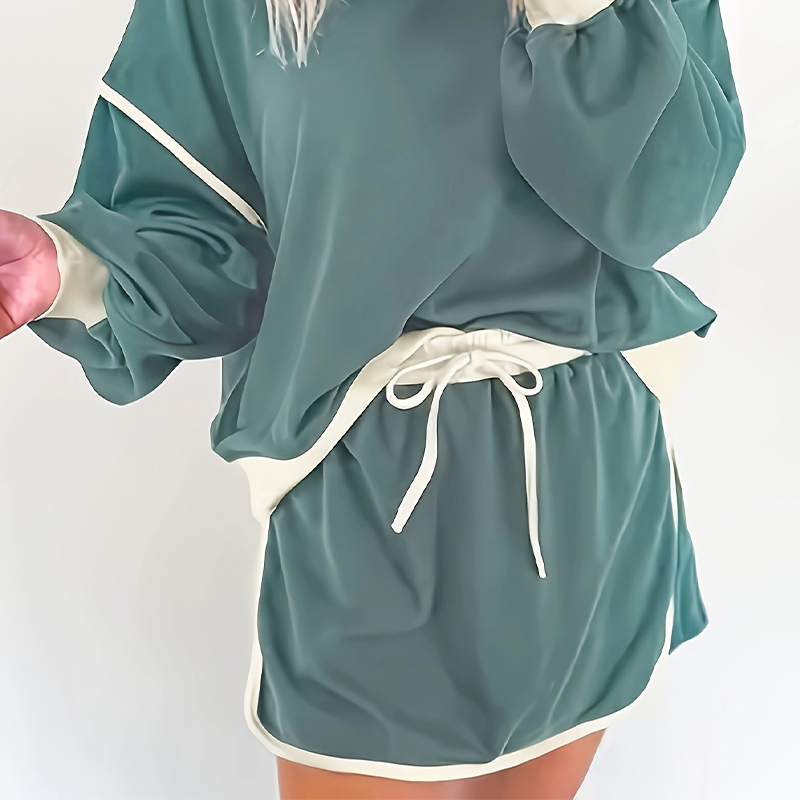 Loose sporty casual European and American fashion color-blocked short-sleeved and short-skirt set