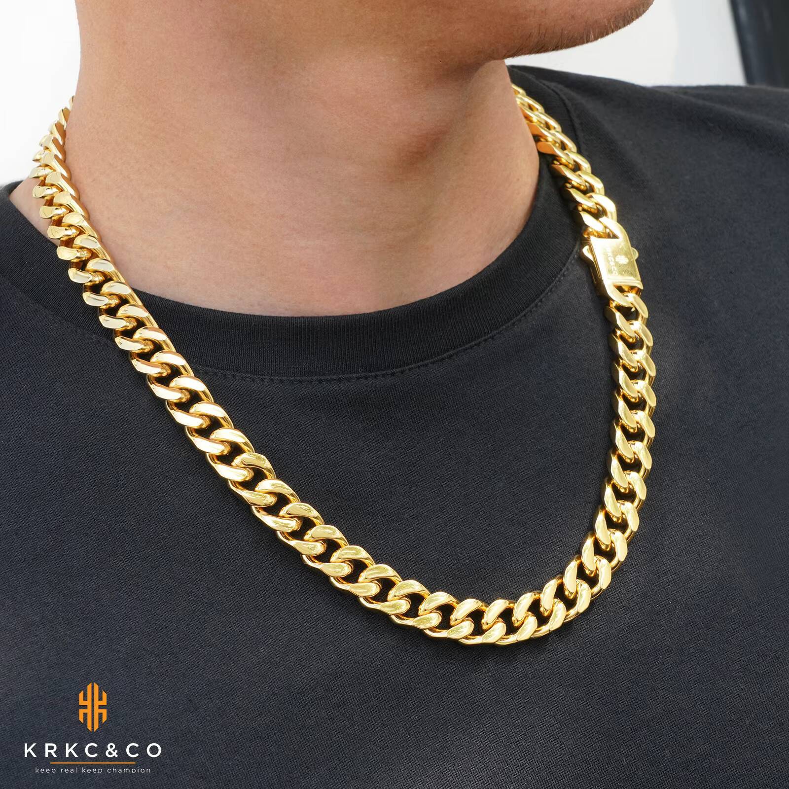 KRKC Drop Shipping New Design Buckle Clasp RTS 14mm Silver Rhodium Plated Mens Curb Cuban Link Chains