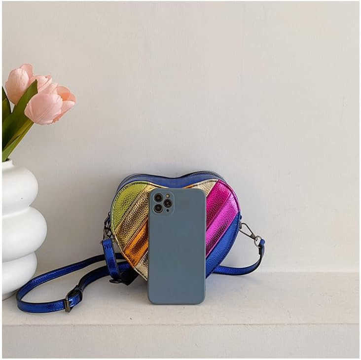 Rainbow Patchwork Heart Shaped Shoulder Crossbody Bag Adjustable Strap Trendy DesignW250911