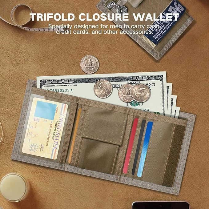 Wallet for Men Canvas Outdoor Sports Keychain Wallet with Multiple Card Slots and ID Window Black Gifts for Dad from Son Daughter WifeW250911