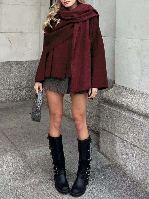 Lazy Style Scarf Cloak Short Knitted Sweater Coat Long Sleeve Crew Neck Women's Winter Fashion Outerwear from Elevated