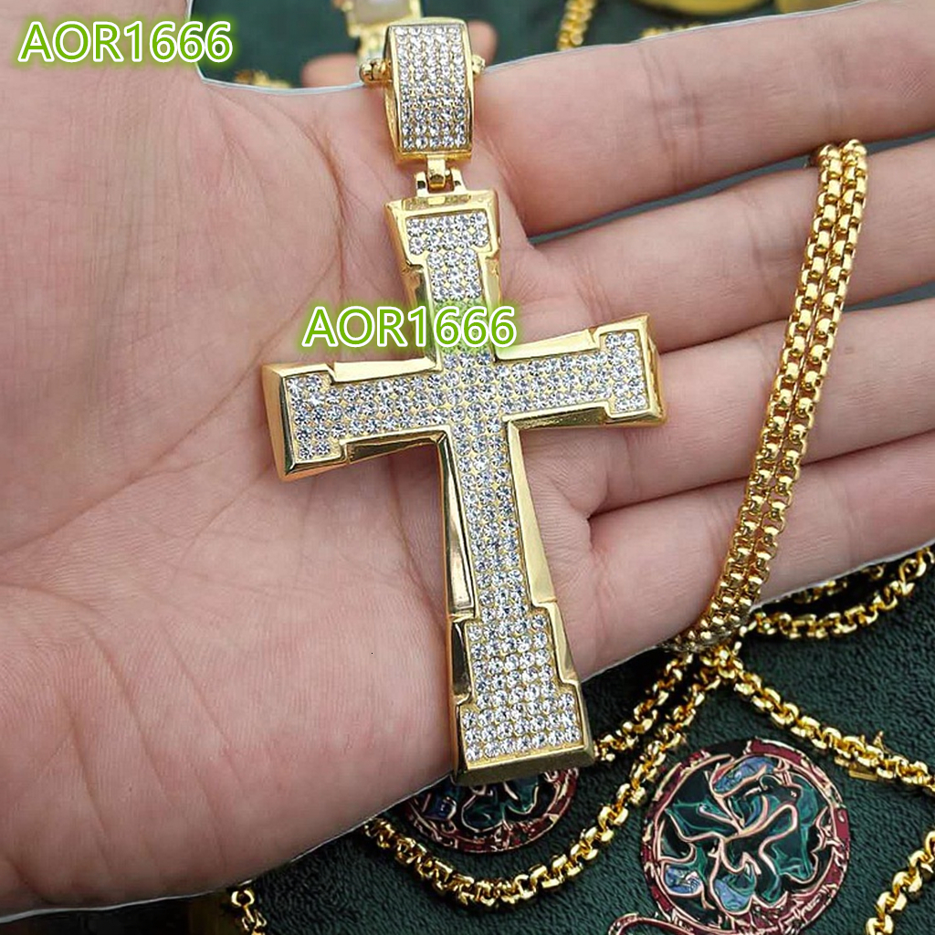 Hip Hop Mens Fully CZ Diamond Stainless Steel Cross Necklace Gold Plated Box Chain with Religious Style for Gift Engagement