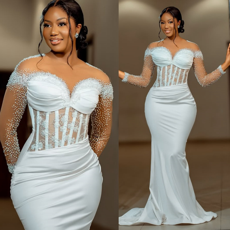 2025 Aso Ebi African Wedding Dress Bridal Gowns For Bride Mermaid Sheer Neck Illusion Beaded Lace Pearls Ruffles Appliqued Lace Wedding Gowns For Blac