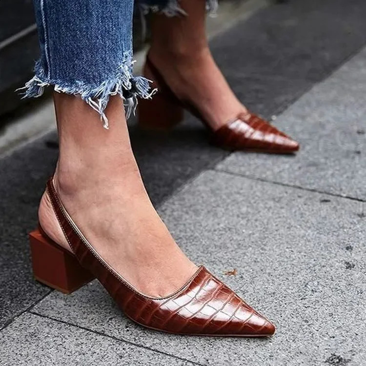 Womens Pointed Toes Pumps Mid Chunky Heels Slingback Sandals Shoes Summer Vintage Woman Lady Female Slippers 260313