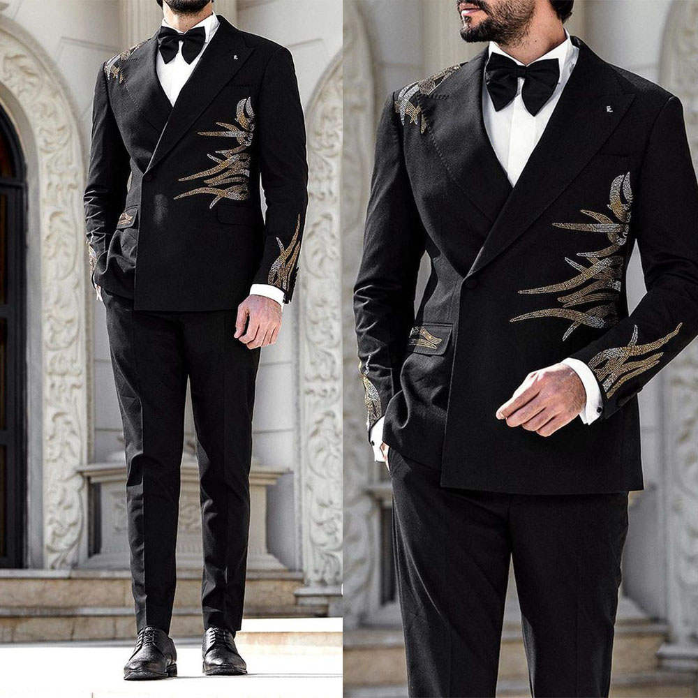 Handsome Beadeds Wedding Suits For Men Peaked Lapel Tuxedos Single Breasted 2 Pieces Jacket Outfits Party Custom Made