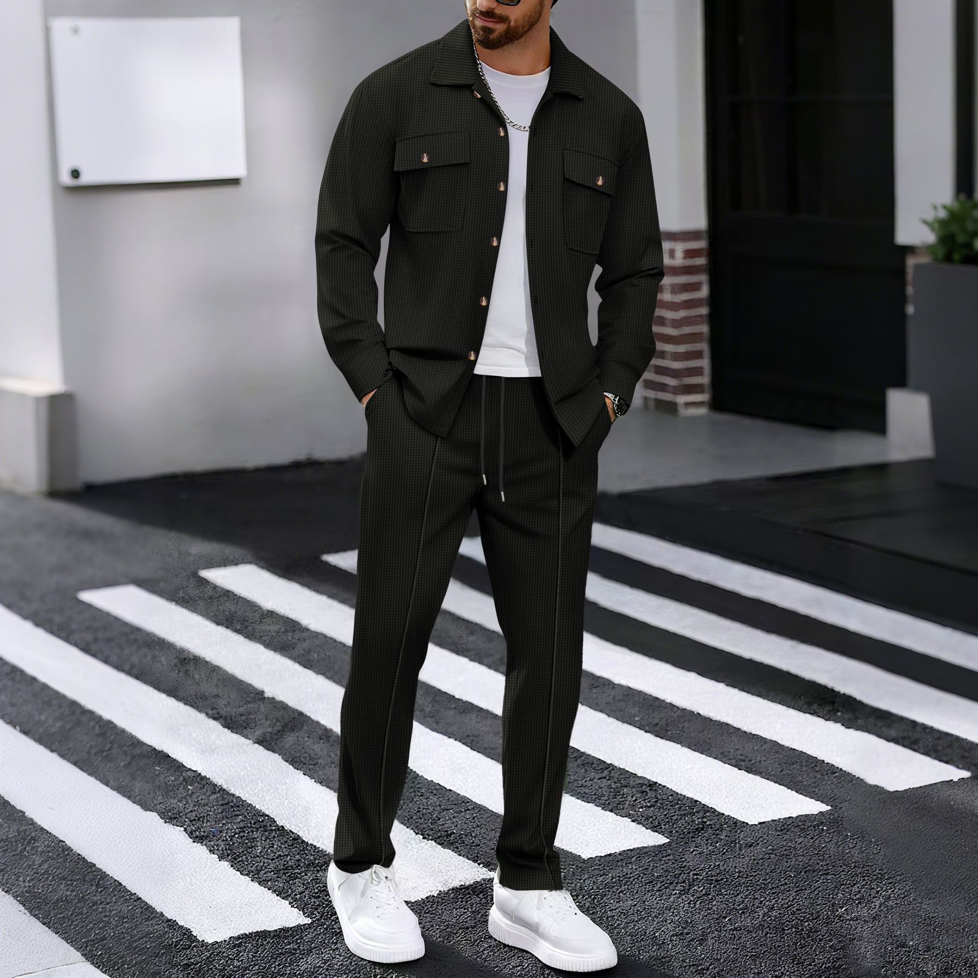 Summer Sexy men Sets Elegant Zipper Tops Sashes Button PockeTwo Piece Set
