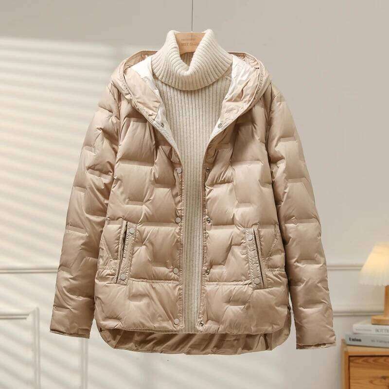 Lagabogy 2025 Autumn Winter Women White Duck Down Coat Casual Single Breasted Hooded Jacket Female Light Puffer Parka Outwear