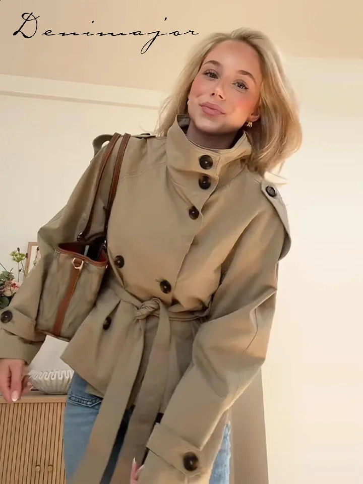 Street Womens Belt Cropped Trench Coat Elegant Stand Collar Double Breasted Long Sleeve Jacket Autumn Lady Commute Outwear 250911