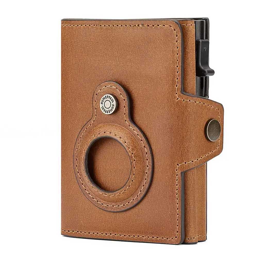 Cowhide Leather Mens Wallet RFID Blocking Protect Cardholder Automatic Card Case for Women with Apple AirTag Holder W250911