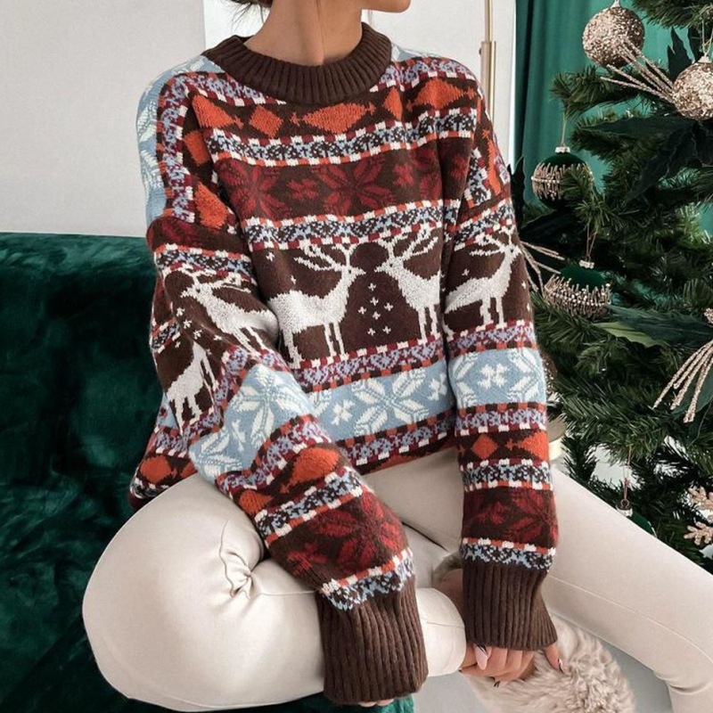 New retro Christmas outfit men deer jacquard sweater autumn and winter loose lazy style men and women sweater men clothing