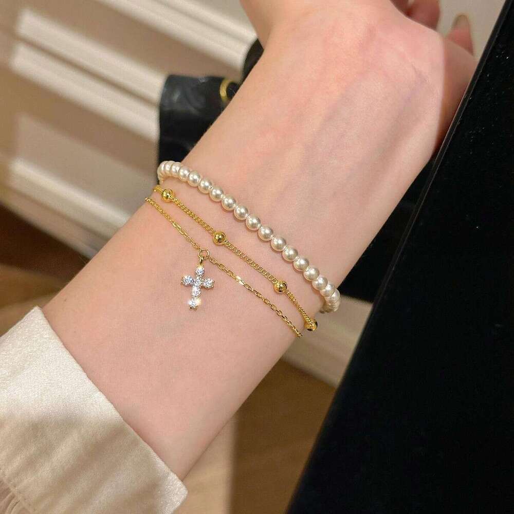 French Style Double Layer Stacked Sparkling Dia Cross for Women, Exquisite Versatile Bracelet with Unique Design Sense