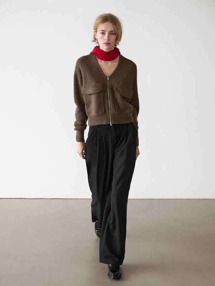 Elevated Knitwear 2025 massidutti autumn new style of Women's casual Laid-back brown V-neck wool blend zipper knitted cardigan jacket