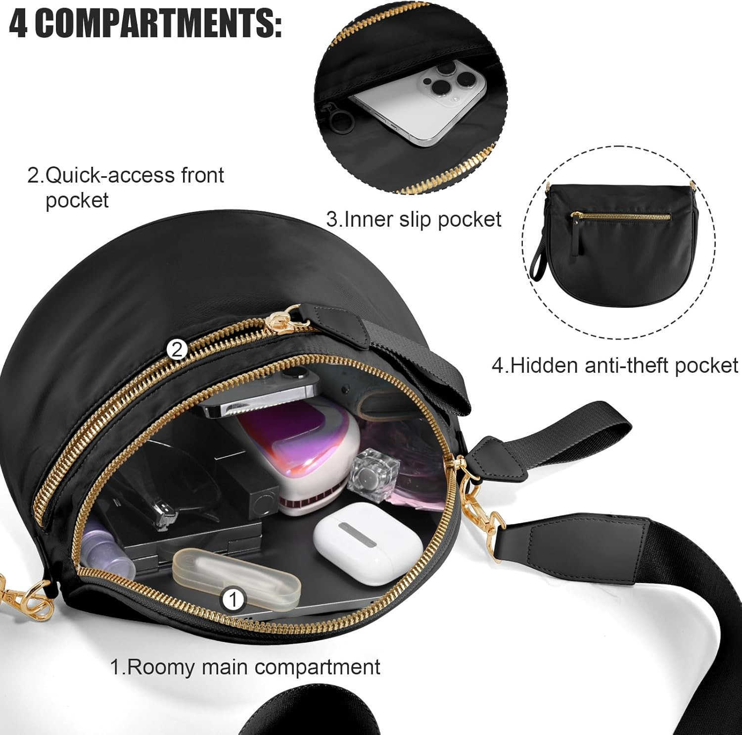 Crossbody Bags for Women Large Nylon Bum Bags Plus Size Fanny Pack Sling Bag Belt Bag for Women Travel Pure BlackW250911