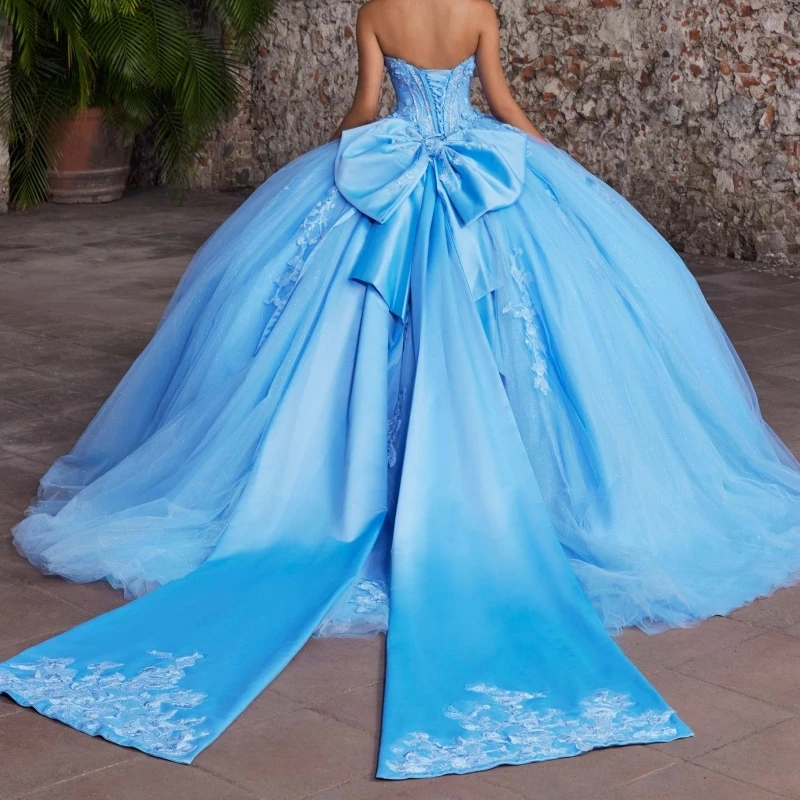 Sky Blue Shiny Quinceanera Dresses Ball Gown Off The Shoulder Applique Lace Beading Crystal Bow Tull Sweet 16 Dress Vestidos 15 Anos