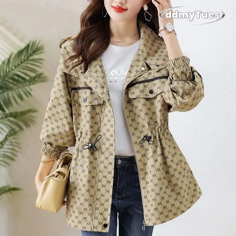 2024 Spring Autumn Korean High-grade Casual Hooded Windbreaker Women Loose Temperament Fashion Print Trench Coat Female Outcoat250723 TUES