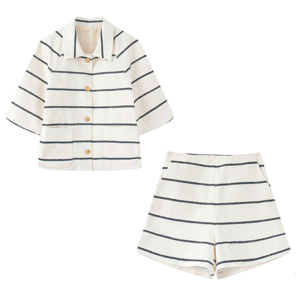 DHEssentials Summer New Simple Elegant Little Chanel Style Short Sleeve Top + Striped Fashion Shorts Set