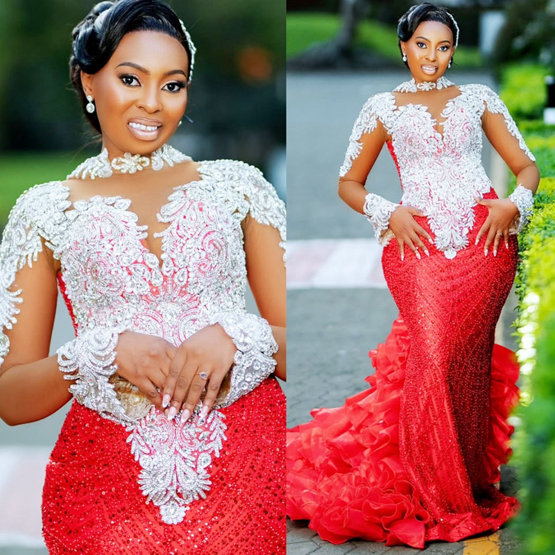2025 Plus Size Red Prom Dresses For Black Women Mermaid Evening Dresses Formal Gowns High Neck Long Sleeves Beaded Lace Birthday Dress Second Receptio