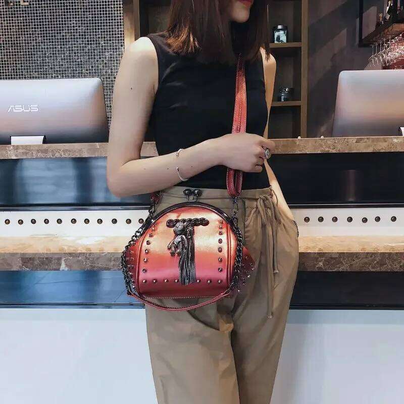 Rivet Metal Fringe Dia Women Shoulder Trend Stylish Chic Cartoon Pendant Crossbody Bag PU Leather Chain Female Handbag