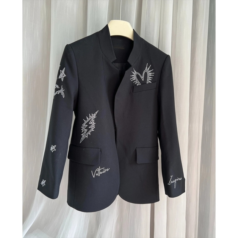 Women Stand Collar Coat Letter Stars HeartShaped Rhinestone Fashion Simple Early Spring Female Blazer 250910