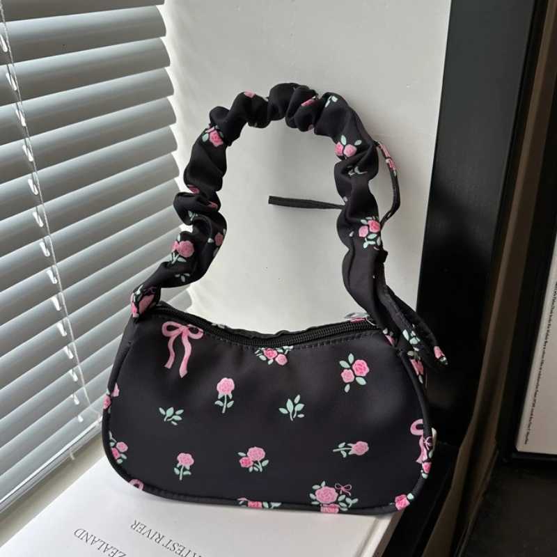 Womens Bags 2025 Summer Canvas Pleated Handbags Armpit Bag Korean Floral Bow Printed Zipper Tote Bag Female Small Shoulder Bag W250911
