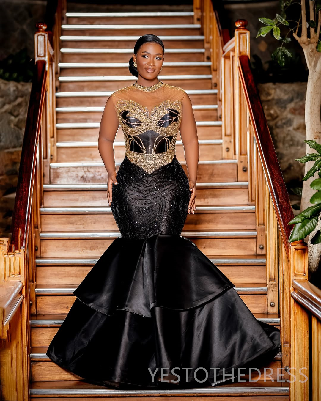 2025 Mermaid Black Prom Dresses For Black Women Evening Dresses Formal Gowns High Neck Beaded Crystals Birthday Dress Second Reception Gown AM2848