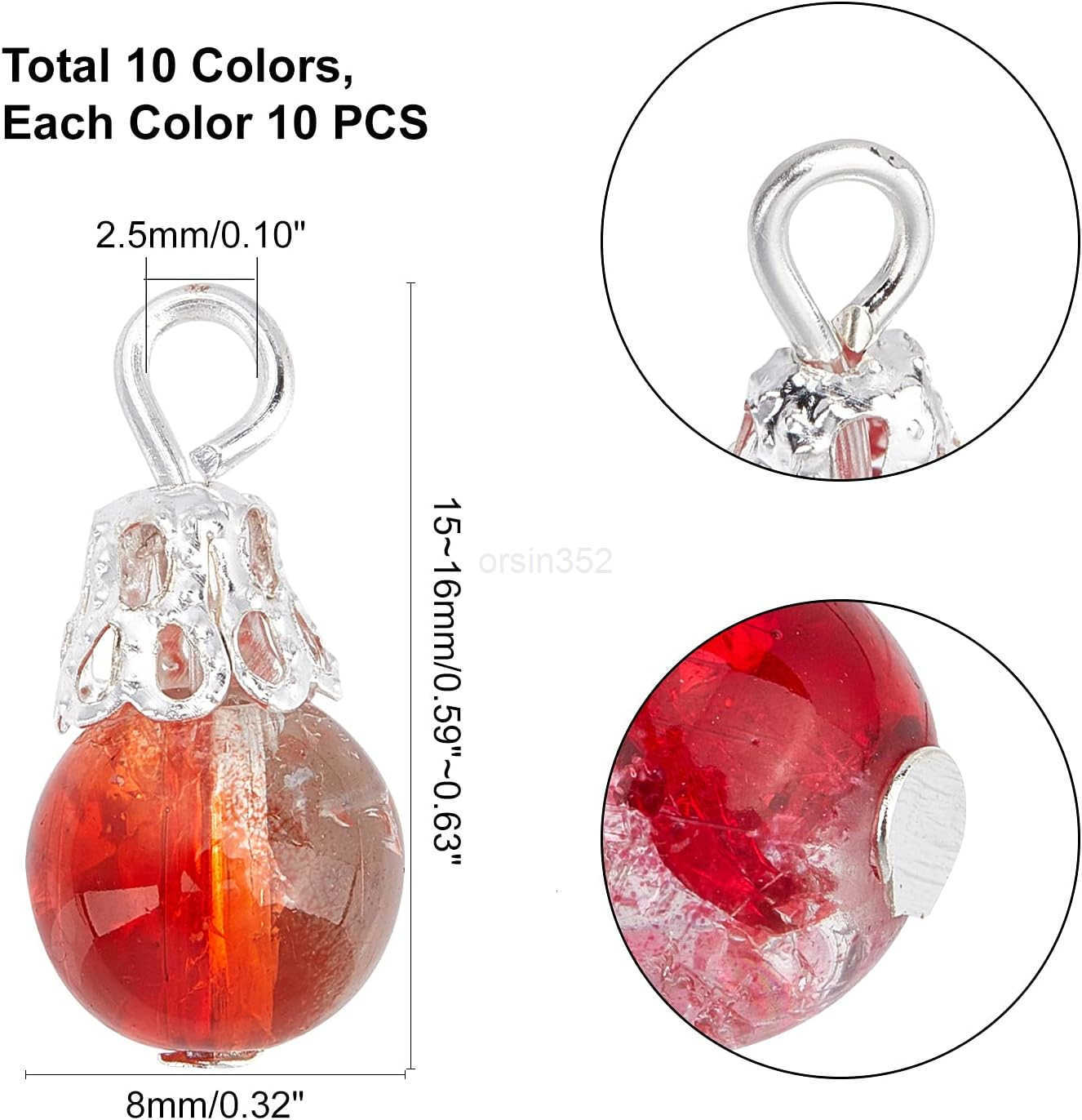 100pcs Crystal Dangle Charms Crackle Glass Drop Beads Charms 10 Color Dangle Bead with Silver Bead Cap Drops Beads Charms Pendants for Jewelry Making 