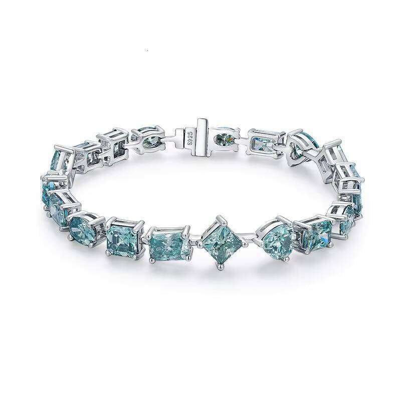 Blue-Green Moissanite Bracelet Sterling Sier Gemstone Bangle with Unique Special-Shaped Designs