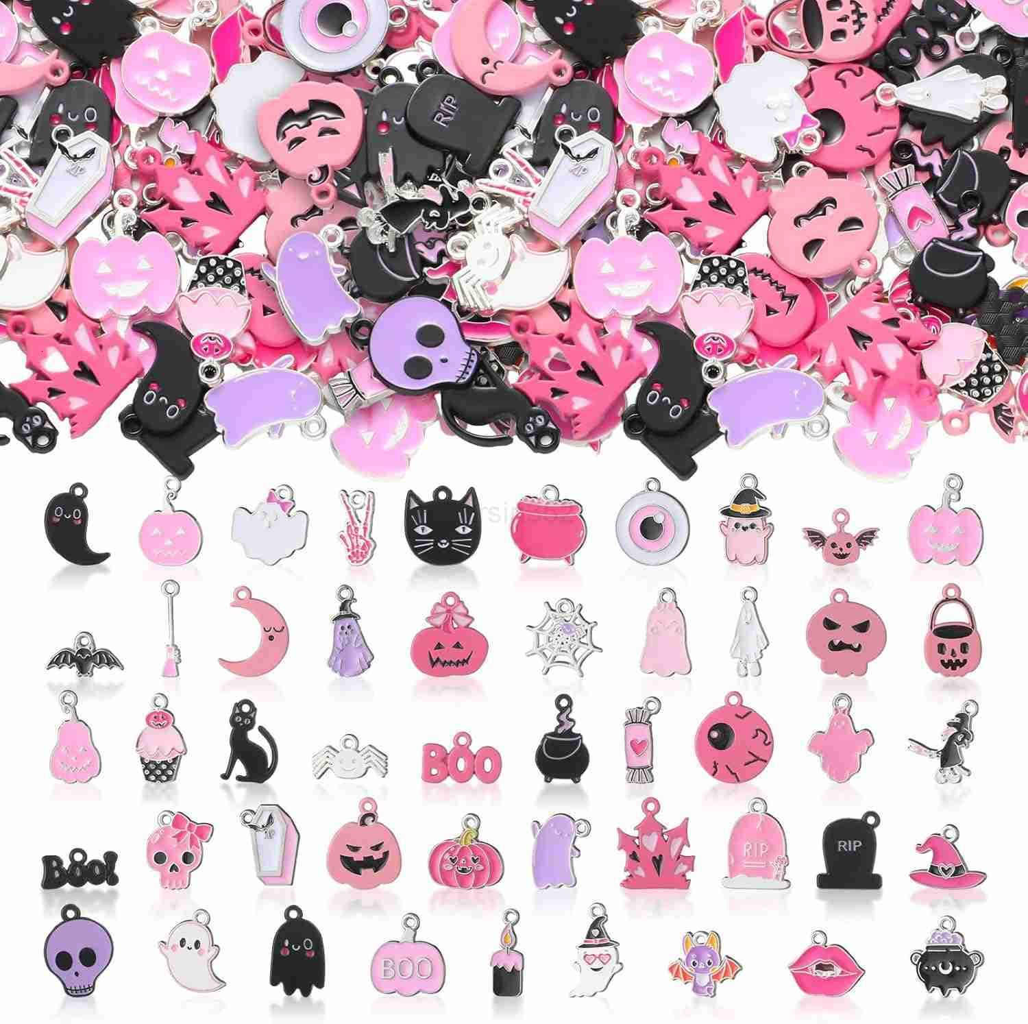 150 Pcs Pink Halloween Charms Bulk for Jewelry Making Halloween Alloy Assorted Pendant Charms for Jewelry Making Earring Necklace DIY CraftW250911