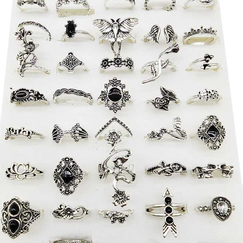 50pcslot Bulk New Mix Design Bohemia Vintage Rings For Women Black Enamel Metal Fashion Charms Party Gift Flower Finger Jewelry W250911