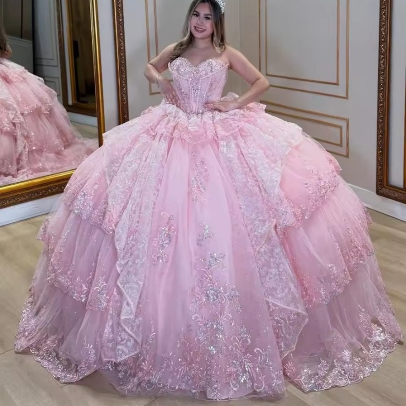 Pink Shiny Beaded Quinceanera Dresses Ball Gown Appliques Lace Party Birthday Sweet 16 Dress Vestidos De 15 Anos