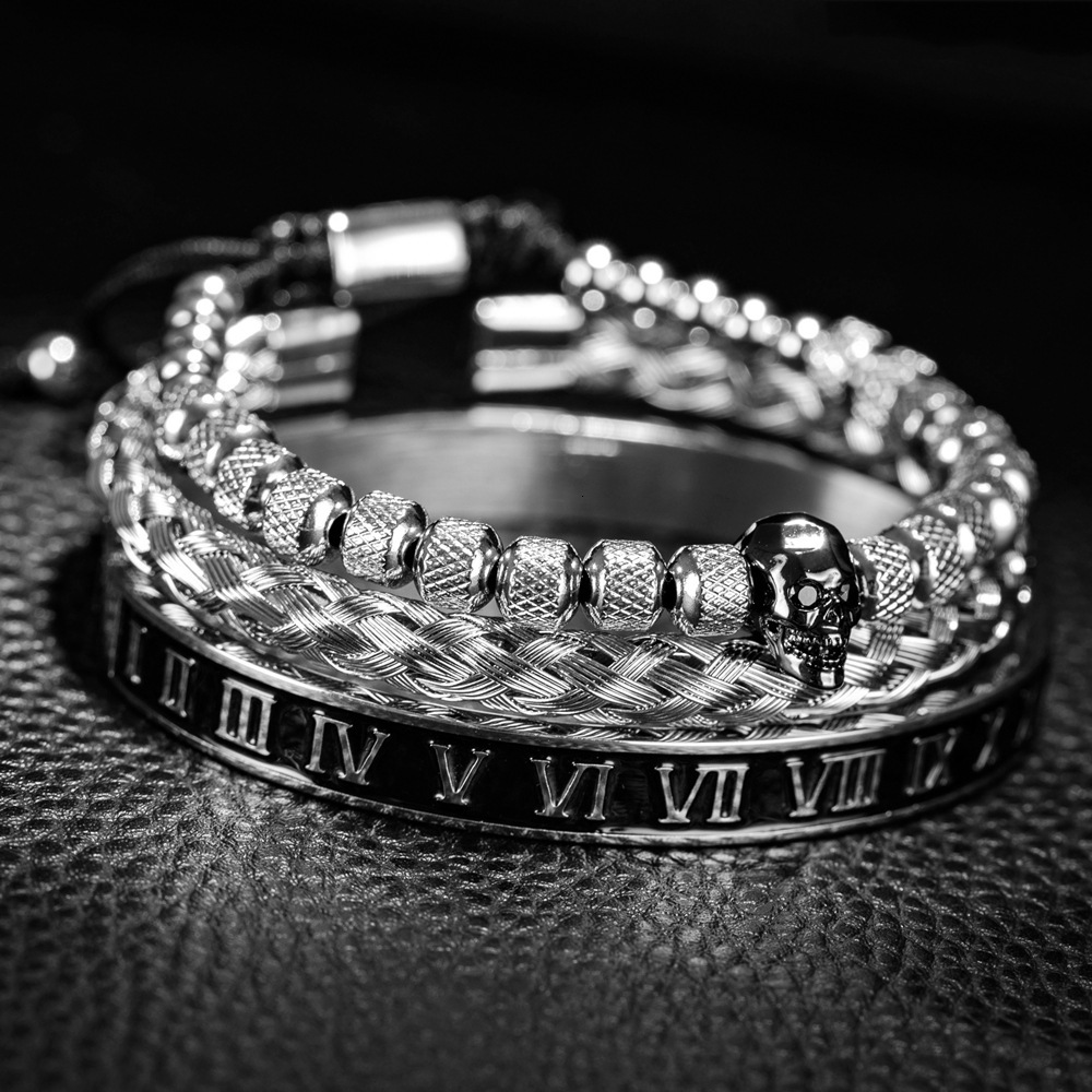 Cut Faced Ghost Head Braiding Bracelet Set Stainless Steel Dripping Roman Numeral Twist Bracelet for Men
