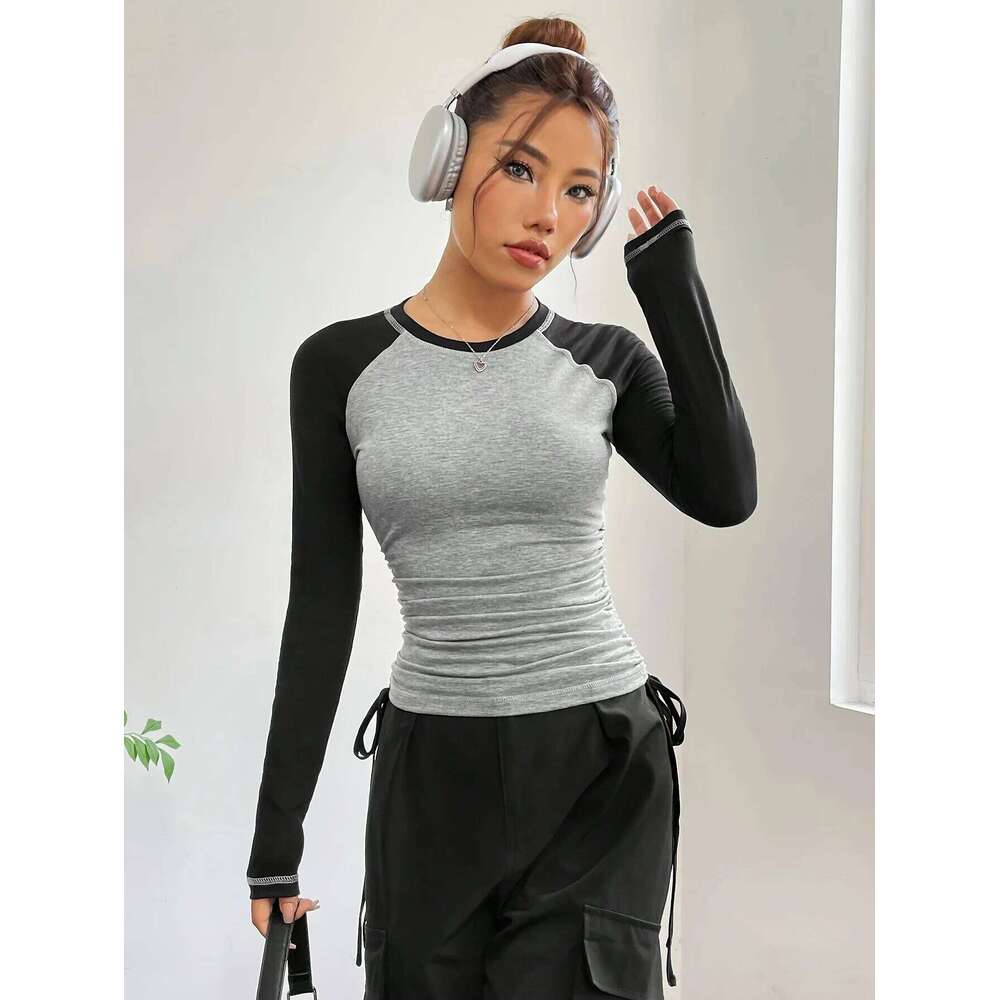 Women Slim Fit T Shirts Holiday Party Crop Top Y2k Long Sleeve Korean Haruku Kpop Graphic Patchwork Tee