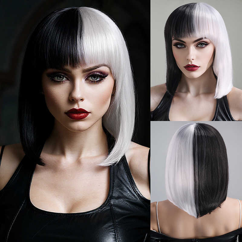 cos Wig 101 Loyal Dog Cruella de Vil Cruella Black and White Witch Color Combination Short Curly Hair W241025 - view 6