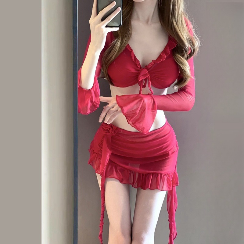 New Red Bikini Four-Piece Two-Piece High-End Sexy Pure Desire Internet Celebrity Small Chest Slimming Swimsuit for Women